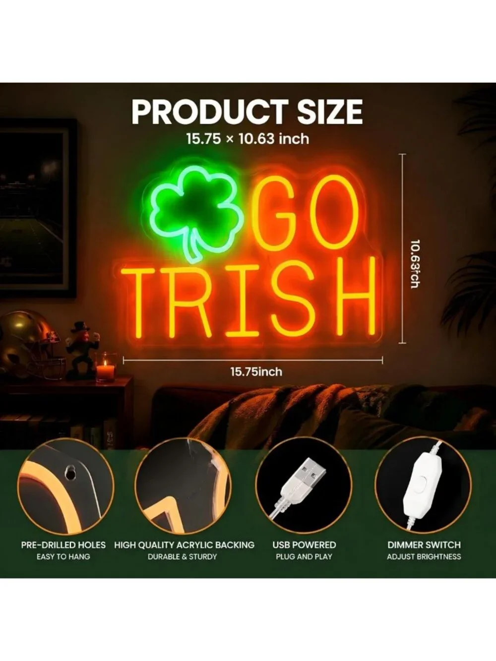 Neon Shamrock Sign - Green & Orange IRISH Wall Light Decor for St. Patrick's Day